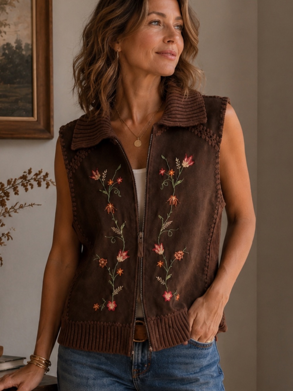 Vintage Designers Studio Originals Leather Knit Embroidered Zip Vest Women’s M